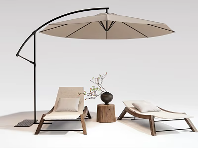 Two Modern Lounge Chairs Under Cantilever Umbrella With Wooden Stump Vase And Plant Outdoor Setup 3d model