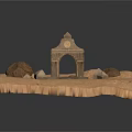 Ancient Stone Arch Structure With Surrounding Rocks On Sand Platform Base 3d model