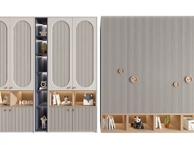 Modern Striped Wardrobe With Open Shelves Drawers And Decorative Circular Accents 3d model