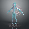 Blue Glowing Humanoid Game and Movie Character with Extended Arms Circular Symbols on Grid Platform