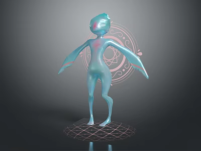 Blue Glowing Humanoid Game and Movie Character with Extended Arms Circular Symbols on Grid Platform 3d model