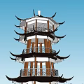 Traditional Chinese Tower With Multiple Tiers Curved Eaves And Classical Wooden Structure