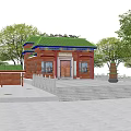 Traditional Ancient Architecture with Green Roof Red Columns Wooden Door and Surrounding Trees