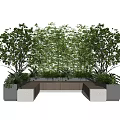 Modern Landscape Seating Design With Tall Trees Lush Greenery And Stone Base