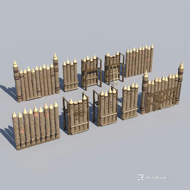 Various Wooden Fences With Spiked Tops And Gates For Model Defensive Structures 3d model 