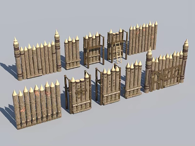 Various Wooden Fences With Spiked Tops And Gates For Model Defensive Structures 3d model