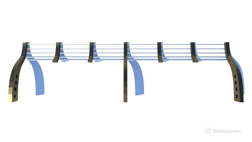Modern Fence Design With Vertical Dark Posts And Blue Horizontal Rails 3d model