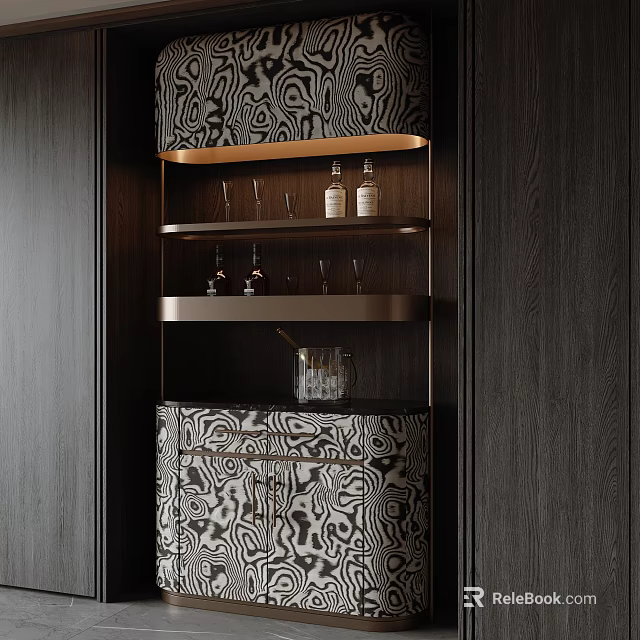 Elegant Wine Cabinet With Patterned Design And Brass Shelves Holding Wine Glasses 3d model 