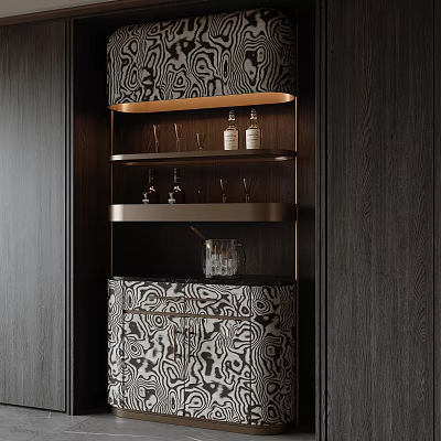 Elegant Wine Cabinet With Patterned Design And Brass Shelves Holding Wine Glasses 3d model