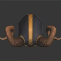 Viking Warrior Helmet Featuring Large Curved Ram Horns And Intricate Golden Patterns