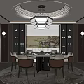 Elegant Restaurant Interior With Round Dining Table Chandelier Landscape Painting And Glass Display Cabinets