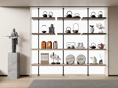 Decorative Ornament Combination On Shelving Unit With Teapots Jars Sculptures Plates And Vases 3d model