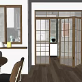 Modern Restaurant Interior With Wooden Round Table Chairs Glass Sliding Doors And Light Wooden Flooring
