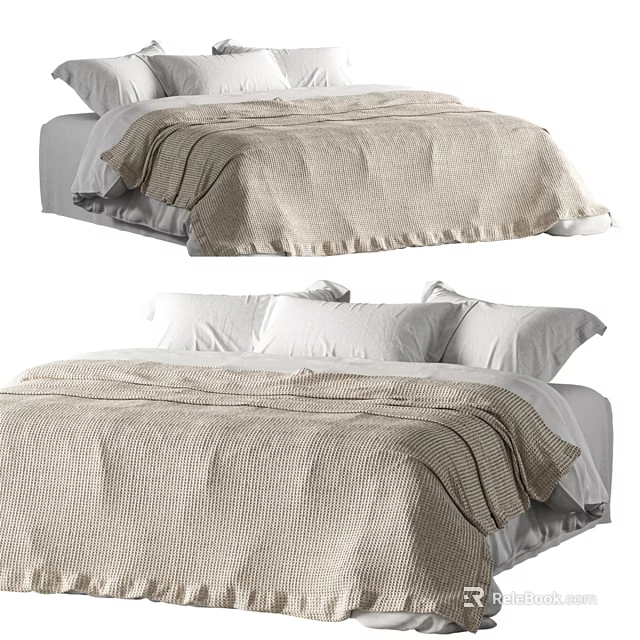 Modern Double Bed with Linen Bedspread and White Pillows in Neutral Toned Bedroom Interior 3d model 