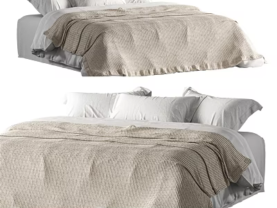 Modern Double Bed with Linen Bedspread and White Pillows in Neutral Toned Bedroom Interior 3d model