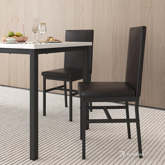 Modern Dining Table Set With White Tabletop Black Leather Chairs And Fruit Bowl Wine Glasses 3d model 