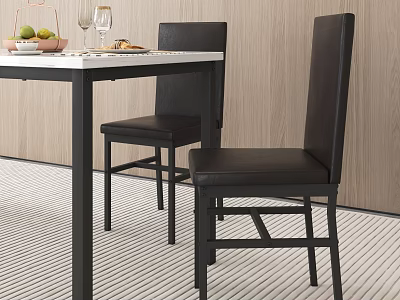 Modern Dining Table Set With White Tabletop Black Leather Chairs And Fruit Bowl Wine Glasses 3d model