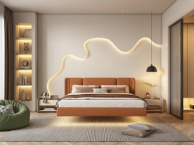 Modern Double Bed Bedroom Interior With Brown Headboard Curved Lighting Bedside Tables And Soft Rug 3d model