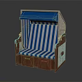 Blue And White Striped Beach Chair With Wooden Frame And Blue Canopy
