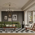 Elegant Modern Living Room Interior With Green Sofa Black And White Checkerboard Rug And Chandelier