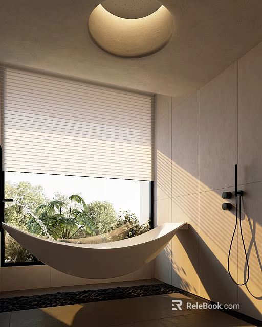 Bathtub In Minimalist Bathroom With Large Window And Greenery 3d model