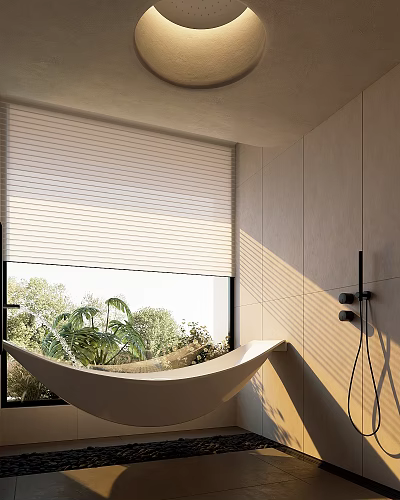 Bathtub In Minimalist Bathroom With Large Window And Greenery 3d model