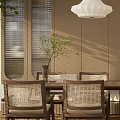 Cozy Restaurant Interior With Rattan Chairs Wooden Dining Table White Pendant Light And Arched Shelf
