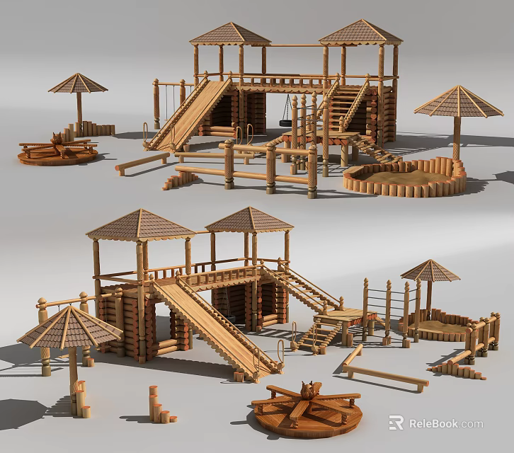 Wooden Playground Equipment with Slides Umbrellas Platforms and Climbing Structures 3d model 
