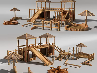 Wooden Playground Equipment with Slides Umbrellas Platforms and Climbing Structures 3d model