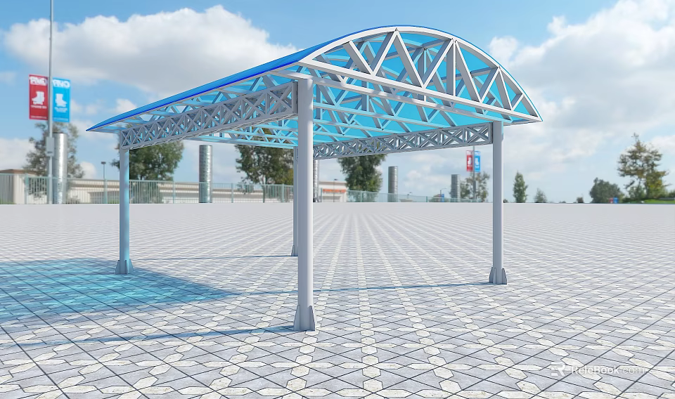 Outdoor Blue Canopy with Metal Frame and Transparent Roof in Paved Square Area 3d model 