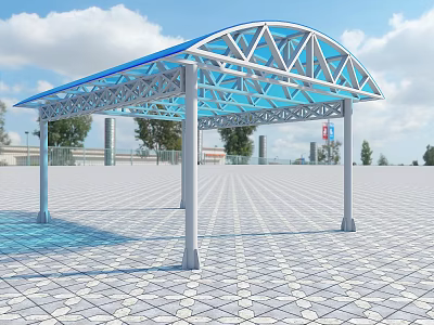 Outdoor Blue Canopy with Metal Frame and Transparent Roof in Paved Square Area 3d model