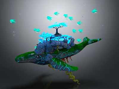 Cartoon Whale Scene With Island Glowing Tree Swimming Fish And Bubbles 3d model