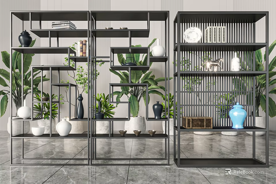 Modern Garden Decor Shelves With Green Plants And Decorative Vases 3d model 