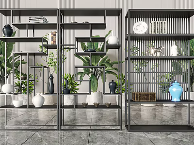 Modern Garden Decor Shelves With Green Plants And Decorative Vases 3d model