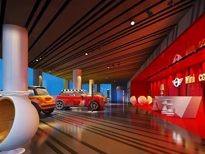 Modern Car Showroom Interior With Red Wall Car Display And Striped Floor 3d model