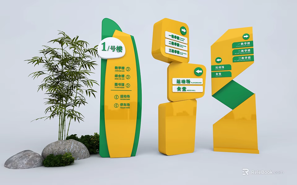 Decorative Garden Ornaments Featuring Yellow And Green Signposts Bamboo Plants And Stones 3d model 