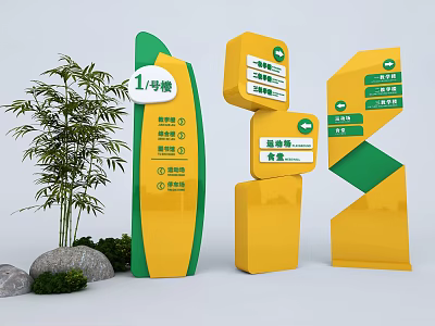 Decorative Garden Ornaments Featuring Yellow And Green Signposts Bamboo Plants And Stones 3d model