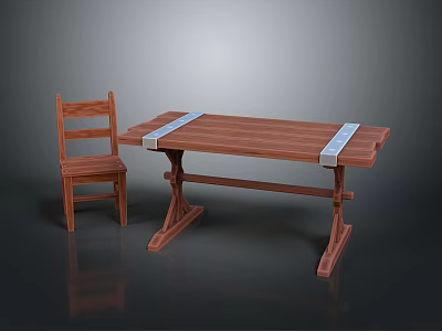 Wooden Dining Table Set With Metal Strips Sturdy Legs And Matching Chair 3d model