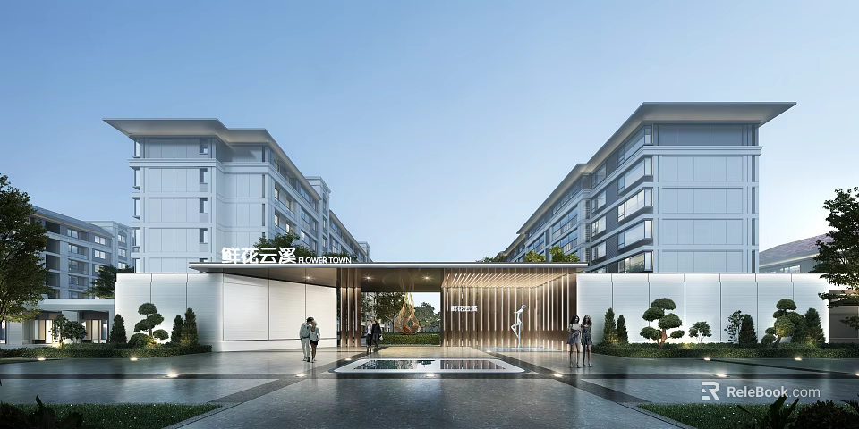 Modern Residential Entrance Gate With Water Feature And Buildings 3d model 