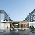 Modern Residential Entrance Gate With Water Feature And Buildings