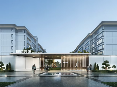 Modern Residential Entrance Gate With Water Feature And Buildings 3d model