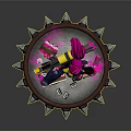 Pink Haired Character With Spray Gun On Spiked Base Yellow Logo