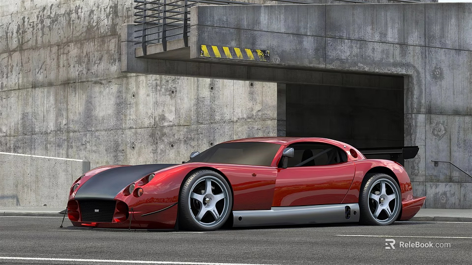 Red Sleek Sports Car With Black Accent Parked By Concrete Garage Entrance 3d model 