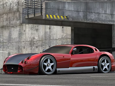 Red Sleek Sports Car With Black Accent Parked By Concrete Garage Entrance 3d model