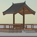 Ancient Architectural Pavilion With Traditional Roof Eaves Wooden Structure Stone Base Railings And Bench