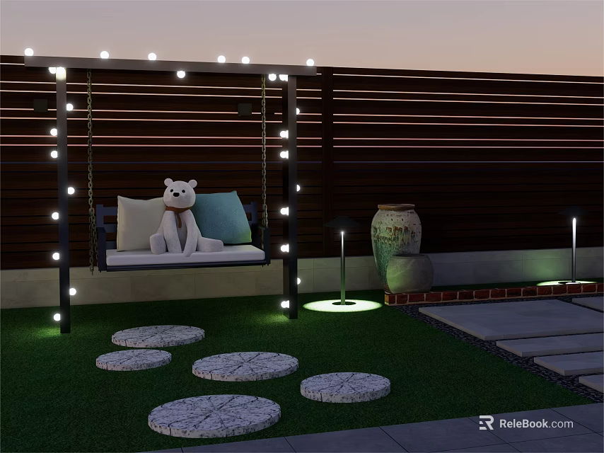 Garden Landscape With Swing Stuffed Toy Pillows String Lights Ground Lights Stone Stepping Stones 3d model 