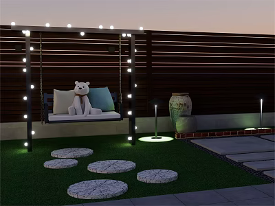 Garden Landscape With Swing Stuffed Toy Pillows String Lights Ground Lights Stone Stepping Stones 3d model