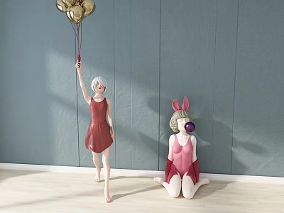 Standing And Sitting Dolls In Red Dress Pink Jumpsuit With Rabbit Ears Golden Balloons Blue Wall 3d model