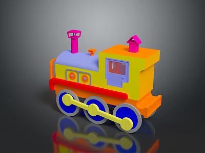Colorful Toy Train With Pink Chimneys Orange Yellow Body And Blue Wheels 3d model