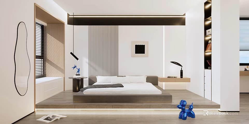Modern Bedroom Interior With Platform Bed Framed Artwork Pendant Lighting And Wooden Floor 3d model 